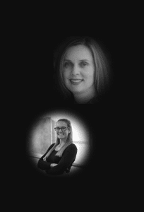 A black and white image of Renate Ysseldyk and Emily Tippins